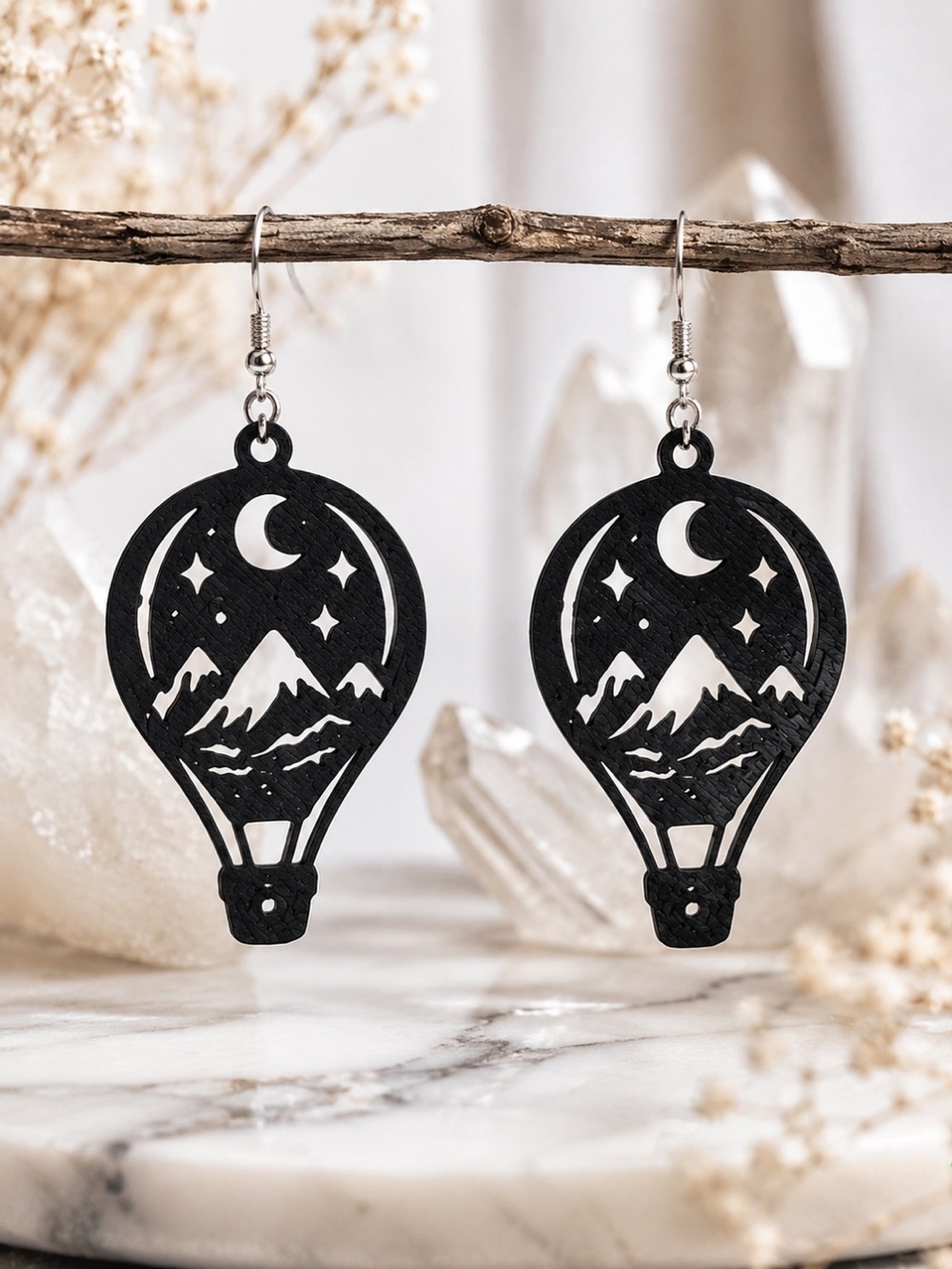 Handcrafted Night Sky Hot Air Balloon Earrings - Black
